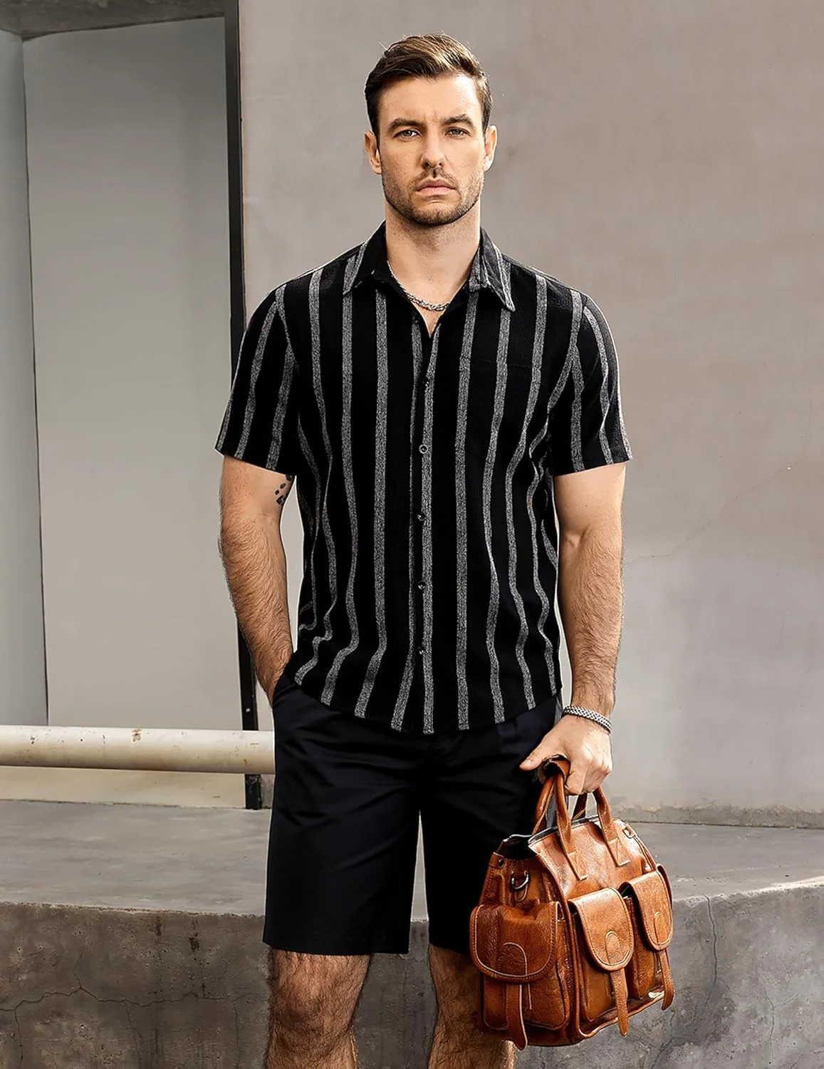 2026 Men's Summer Cool Short Sleeve Lapel Pocket Shirt Black Striped Linen Shirt Large Size Beach Clothes 5XL Fast Shipping