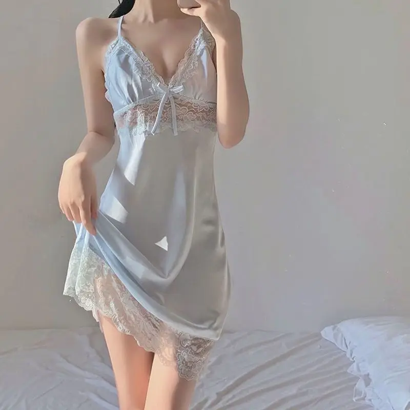 Elegant High End Home Clothes Sexy Pajamas Skirts Women\'s New Summer Chest Pads Lace Suspender Solid Sleepwear Dresses 2 Pcs Set