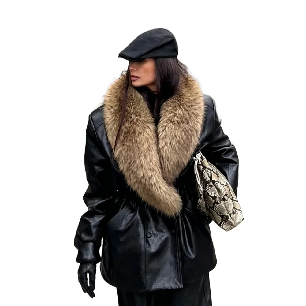 Damen Kunstlederjacke Streetwear PU-Lederjacke mit Kunstfellkragen Winter Winddicht Retro-Stil Glänzendes Leder Schick