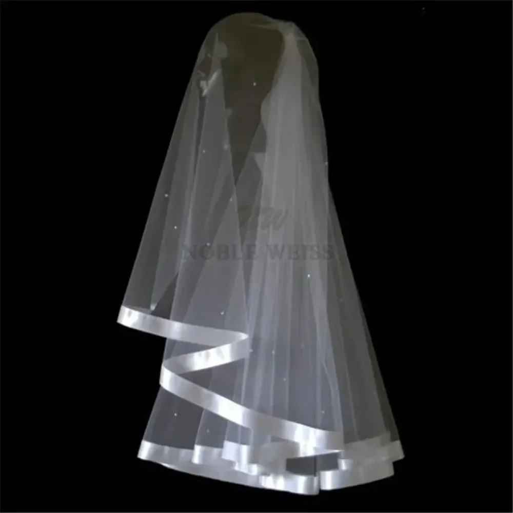 2T Short Pearl Wedding Veil Ribbon Edge Bridal Veils With Comb Customized