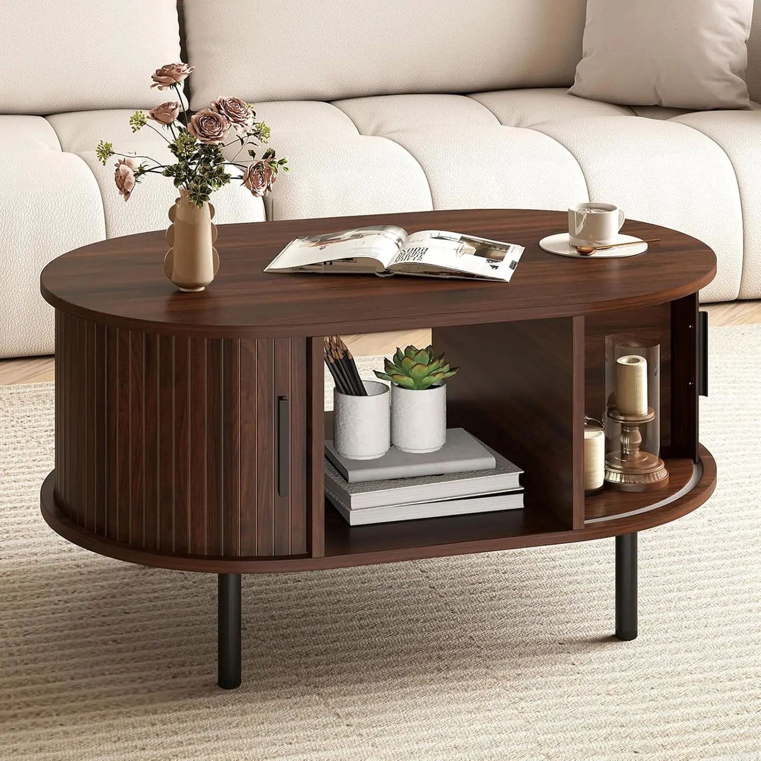 

Walnut Mid-Century ModernOval CoffeeTable - Fluted Center Table with Sliding Tambour Doors,Hidden & Open Storage for Living Room
