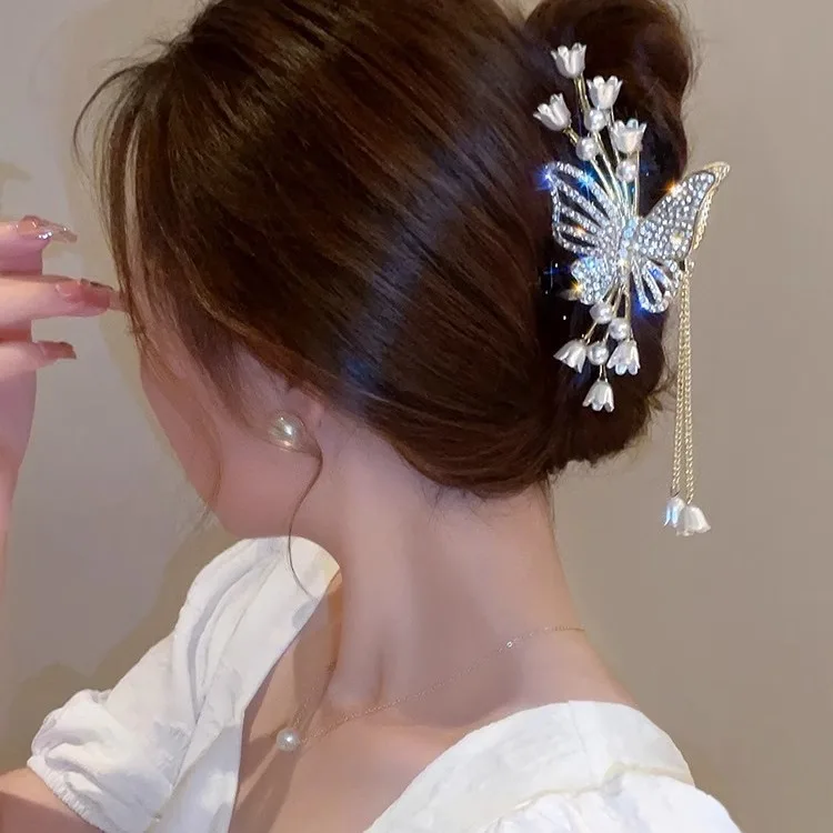 Kristall-Blumen-Schmetterling Fransen-Haarklammer für Frauen, Große Glockenblumen-Haarspange, Hochsteckfrisur-Haarklammern, Elegante Haifischklammer