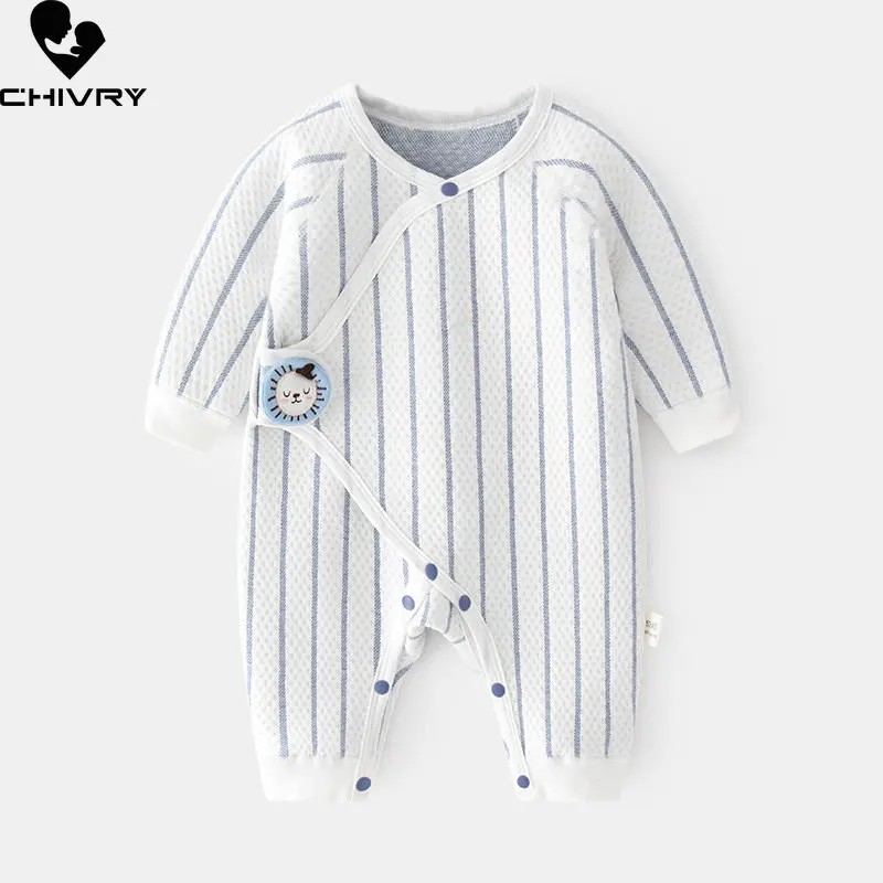 New Spring Newborn Baby Boys Girls Cotton Rompers Long Sleeve Button Cartoon Striped Jumpsuit Toddler Playsuit Infant Clothing