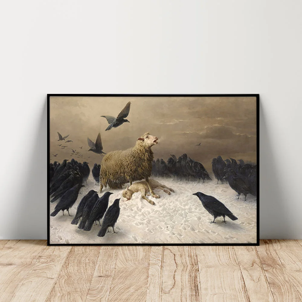 

August Friedrich Albrecht Schenck Print Art Poster Anguish Canvas Painting Animal Sheep Crow Snowfield Wall Picture Home Decor