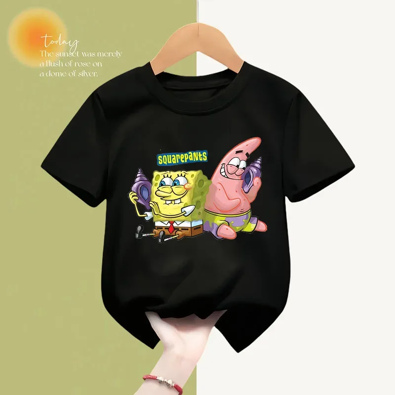 Spongebob moda letnia bawełniana koszulka dziecięca odzież Cartoon bluza z krótkim rękawem chłopcy dziewczynki top Kawaii