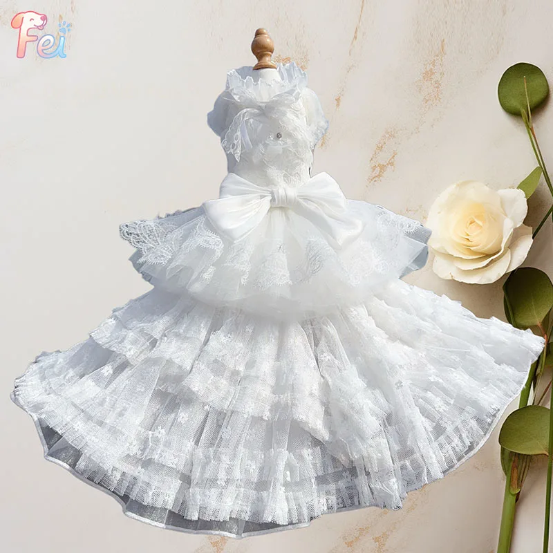 

Luxury Handmade Pure White Princess Dress for Small Medium Dogs with Lace Bow Long Tail Poodle Pet Clothing Puppy Dog Fashion