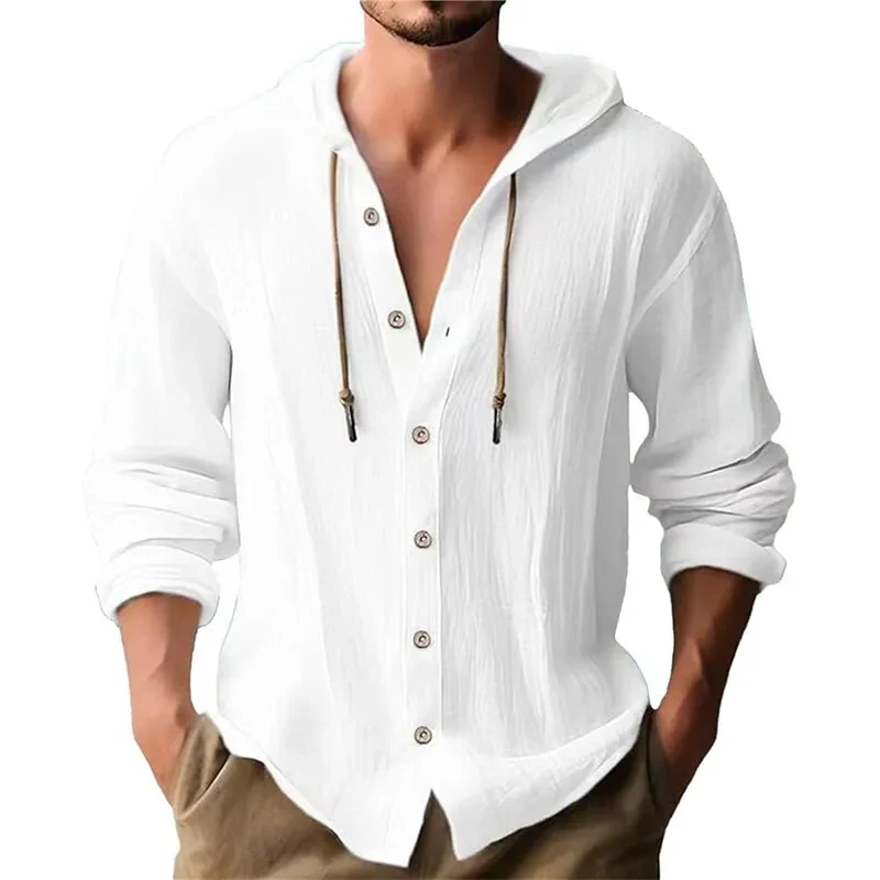 Men's solid color casual long-sleeved shirt hooded drawstring cotton and linen cardigan trendy versatile loose beach T-shirt