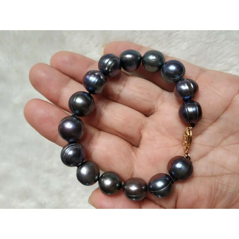 12-13MM AAAA + Natural Tahitian Black Blue Baroque Women's Pearl Bracelet 7.5-8 Inch 14K Buckle -