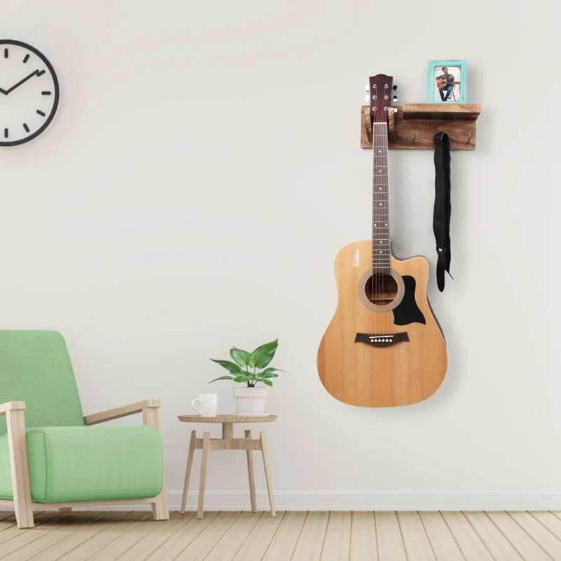 Guitar Wall Hanger Guitar Holder Wall Mount Bracket Hanger Guitar Wood Hanging with Pick Holder and 3 Hooks Carbonized