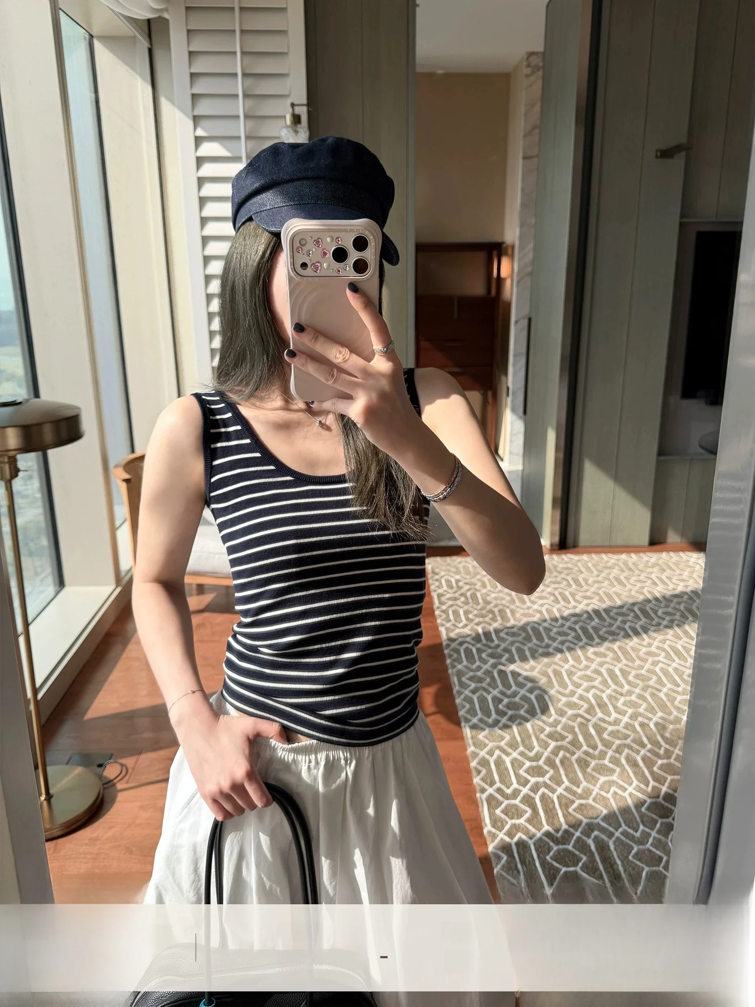 

Naval Vest Women's Sleeveless U-Neck Tank Top Striped Color Block Silk Rayon Fiber Slim Fit Short Length High Elasticity