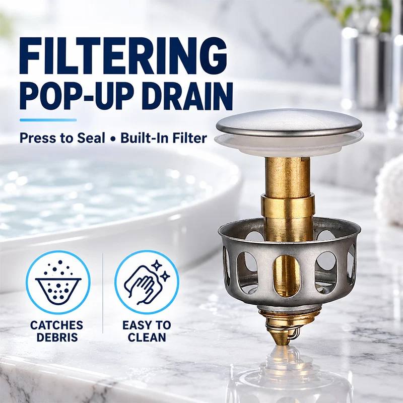 Pop‑up Sink Drain Stopper With Filter Basket Press‑Type Basin Bounce Core Anti‑Clog Hair Filter Bathroom Drain Insert