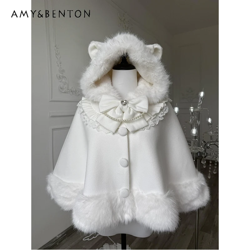 

2025 Autumn Winter New White Lolita Women's Jackets French Design Cute Sweet Lace Splicing Fleece-Lined Hooded Cape Coat Ladies