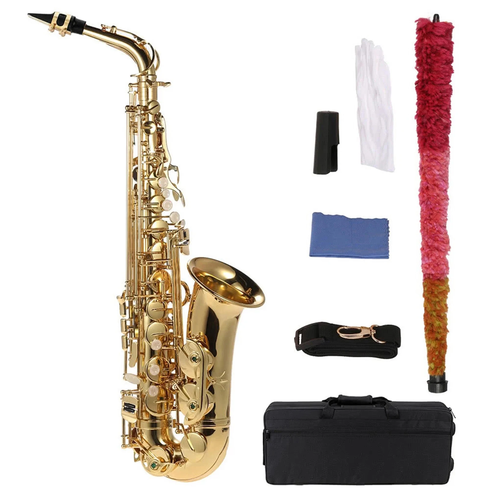 Eb Alto Saxophone Brass Lacquered Gold E Flat Sax 802 Key Type Woodwind Instrument with Cleaning Brush Cloth Gloves Strap Case