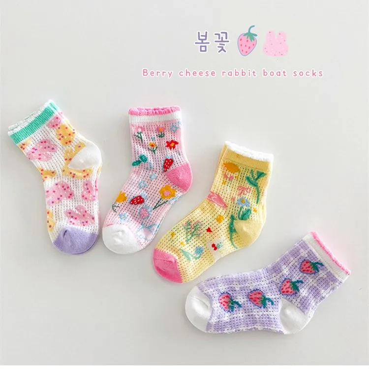 Baby Infant Socks Summer Mesh Socks Boys Girls Crew Socks 4 Pairs/lot Floral Pattern Thin Socks