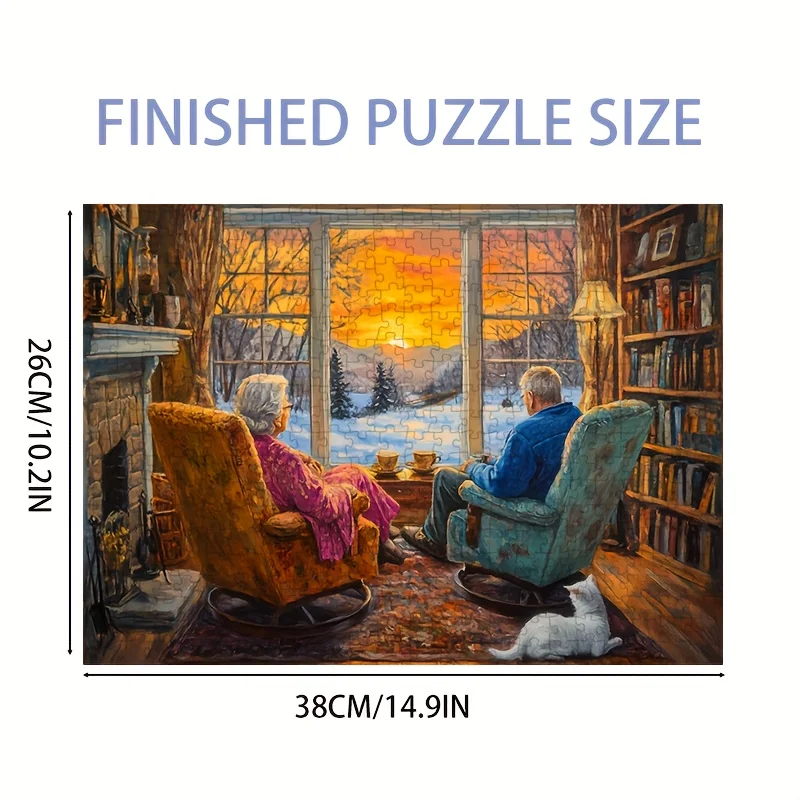 Mini puzzle da 1000 pezzi - Winter Hearth Harmony Art 38x26 cm, scena accogliente del soggiorno con coppia di anziani e gatti
