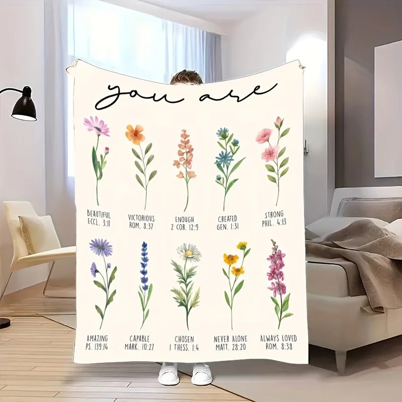 

1pc of Cozy Floral Pattern Bible Verses Convey Warmth, Love And Faith Power. Home Theme Pattern Printed Flannel Blanket, Soft