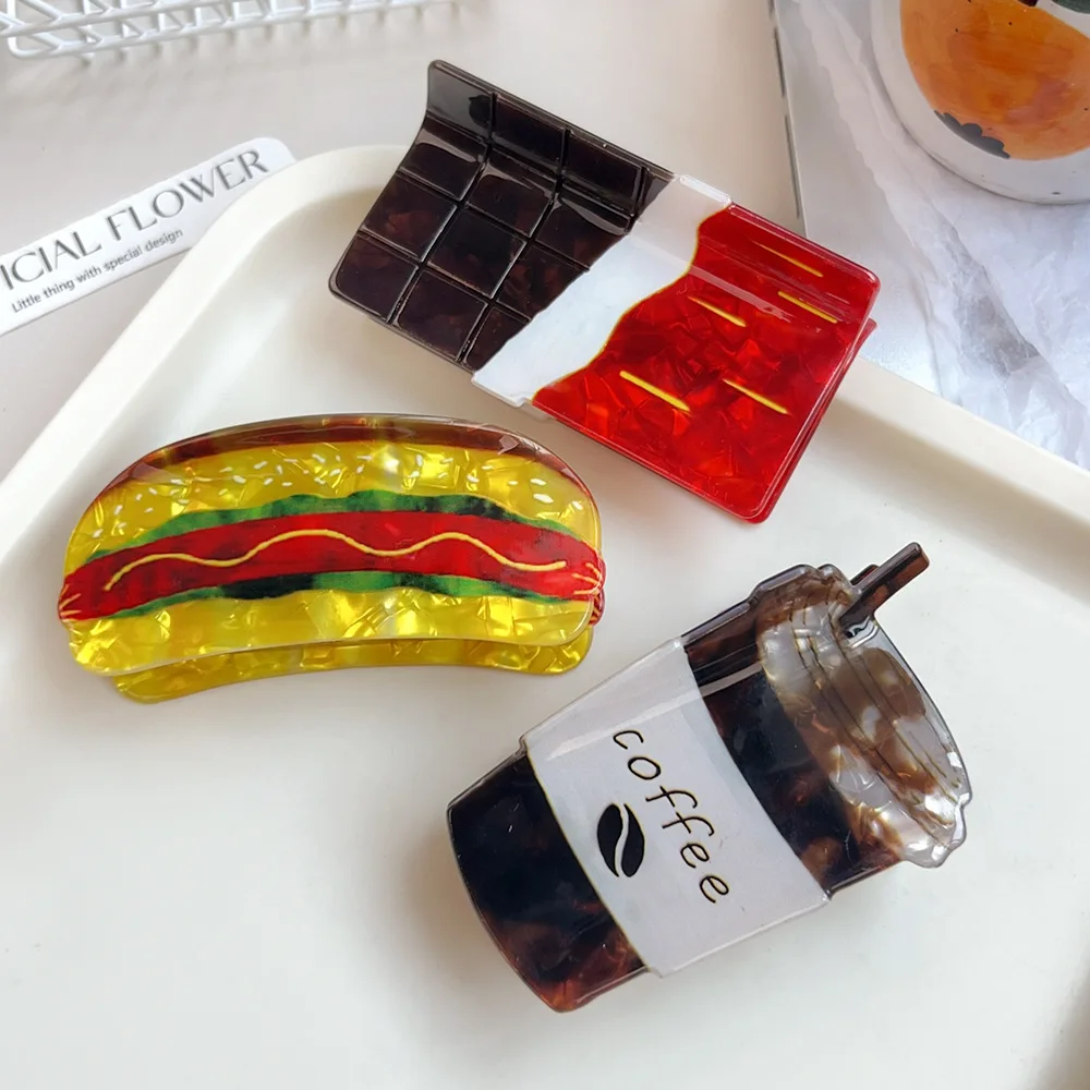 

Creative Hotdog Coffee Cup Chocolate Hair Claws Women Funny Acetate Hair Clips Back of Head Shark Clip Personal Hair Accessories