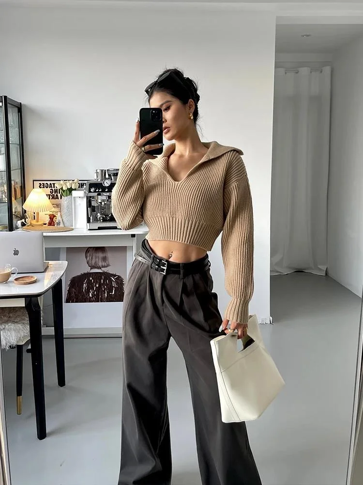 Women gaga großes Revers kurzer Pullover Langarm pullover Frauen Herbst neue lose lässig faul gestrickt Top Mode Frauen Tops d8qa