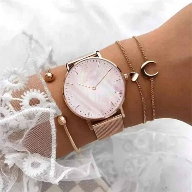 2024 Luxury Brand Rose Gold Watch Shell Dial Women\'s Watch Ladies Bracelet Quartz Wrist Watch for Women Mesh Clock