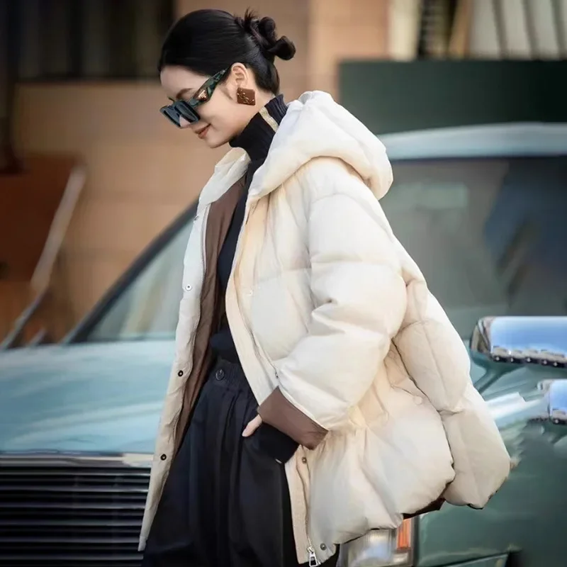 

Loose Hooded White Duck Down Jacket Winter Clothes for Women Fashion Color Collision Thickened Warm Puffer Jacket Casual