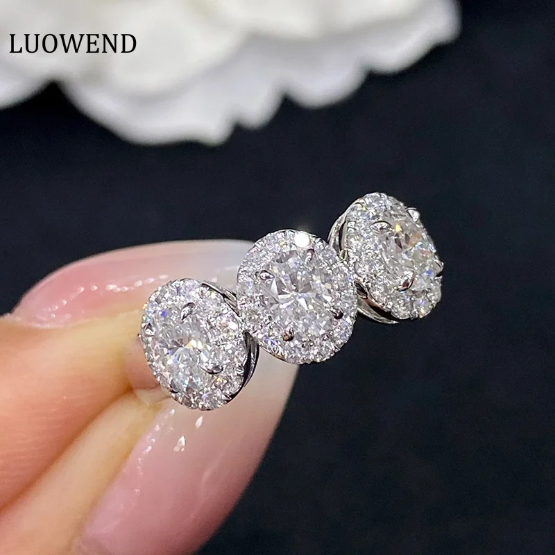 LUOWEND 18K White Gold Rings Real Natural Diamonds Rings Luxury Oval Shaped Engagement Fine for Women Wedding Jewelry Customize