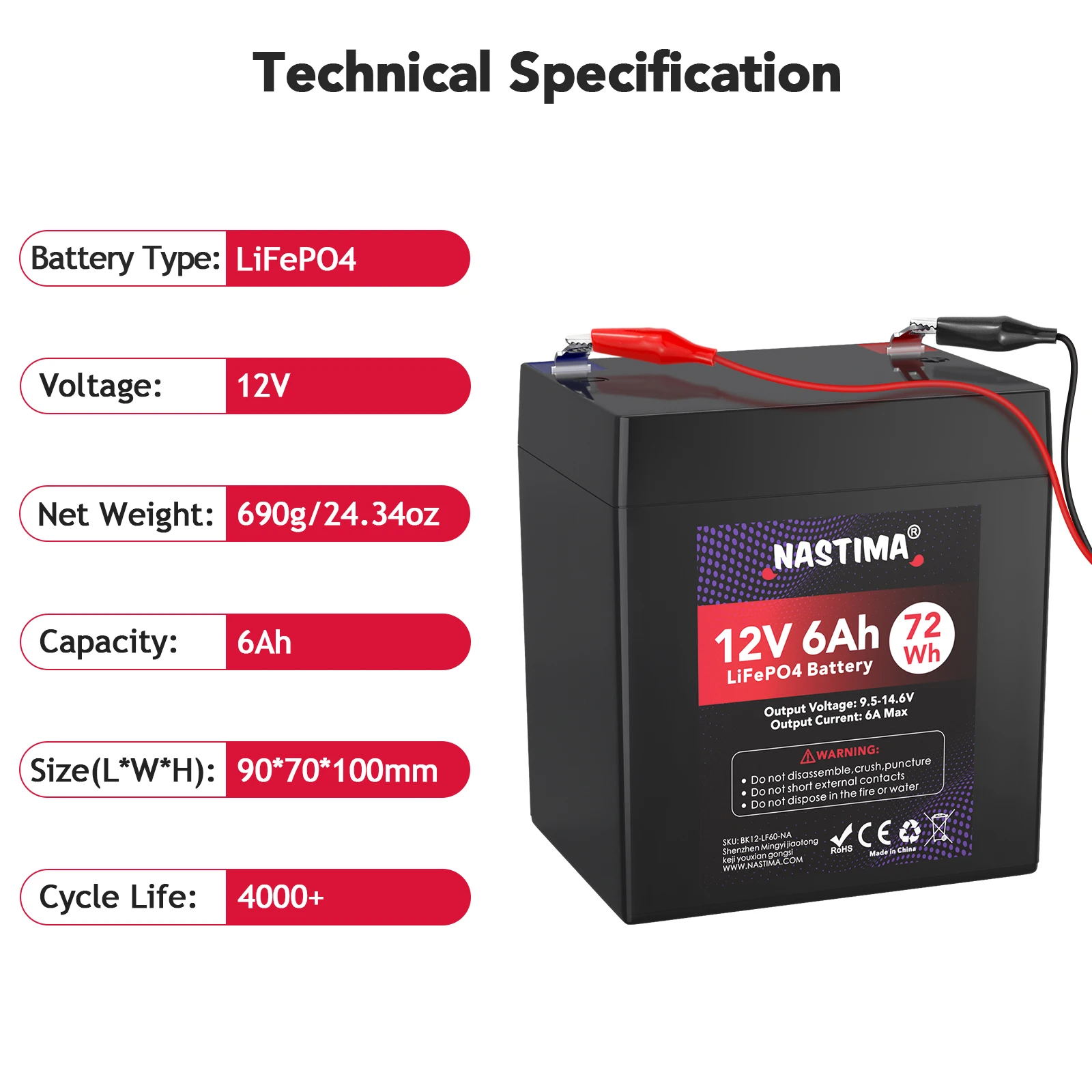 Nastima 12V 6Ah Lifepo4 Battery 72Wh Portable Power Lithium Iron Phosphate Batteries 2000 Cycles For Toys Boat Solar Cars