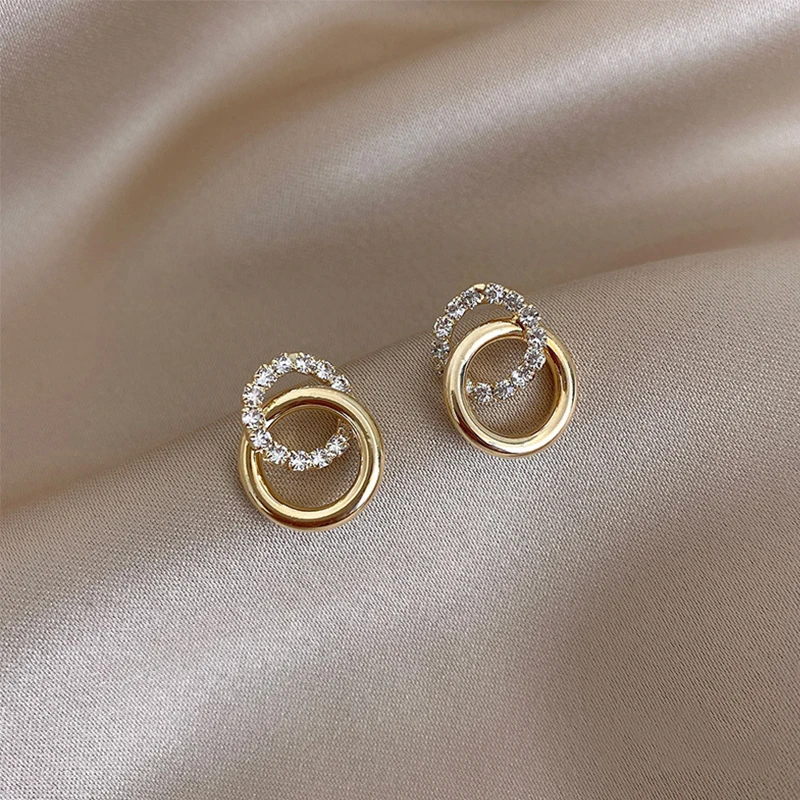 2023 Korean Simple Double Circle Gold Color Metal crystal Stud Earrings For Women Fashion Exquisite Jewelry Best Friend Gifts