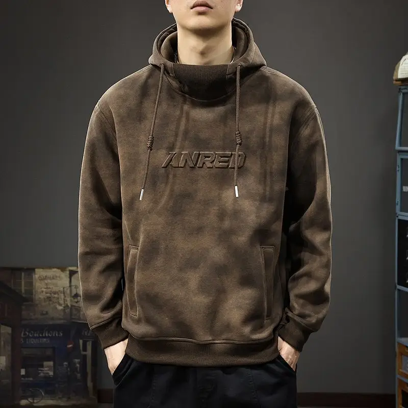 

Мужская толстовка с капюшоном и высоким воротником, свободного кроя, в корейском ретро-стиле, повседневная куртка, осенне-зимняя верхняя одежда