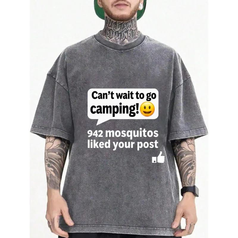 تي شيرت رجالي أسود مغسول للتخييم البعوض يحب طباعة ما بعد الفكاهة جودة عالية 100% قطن 230 جرام