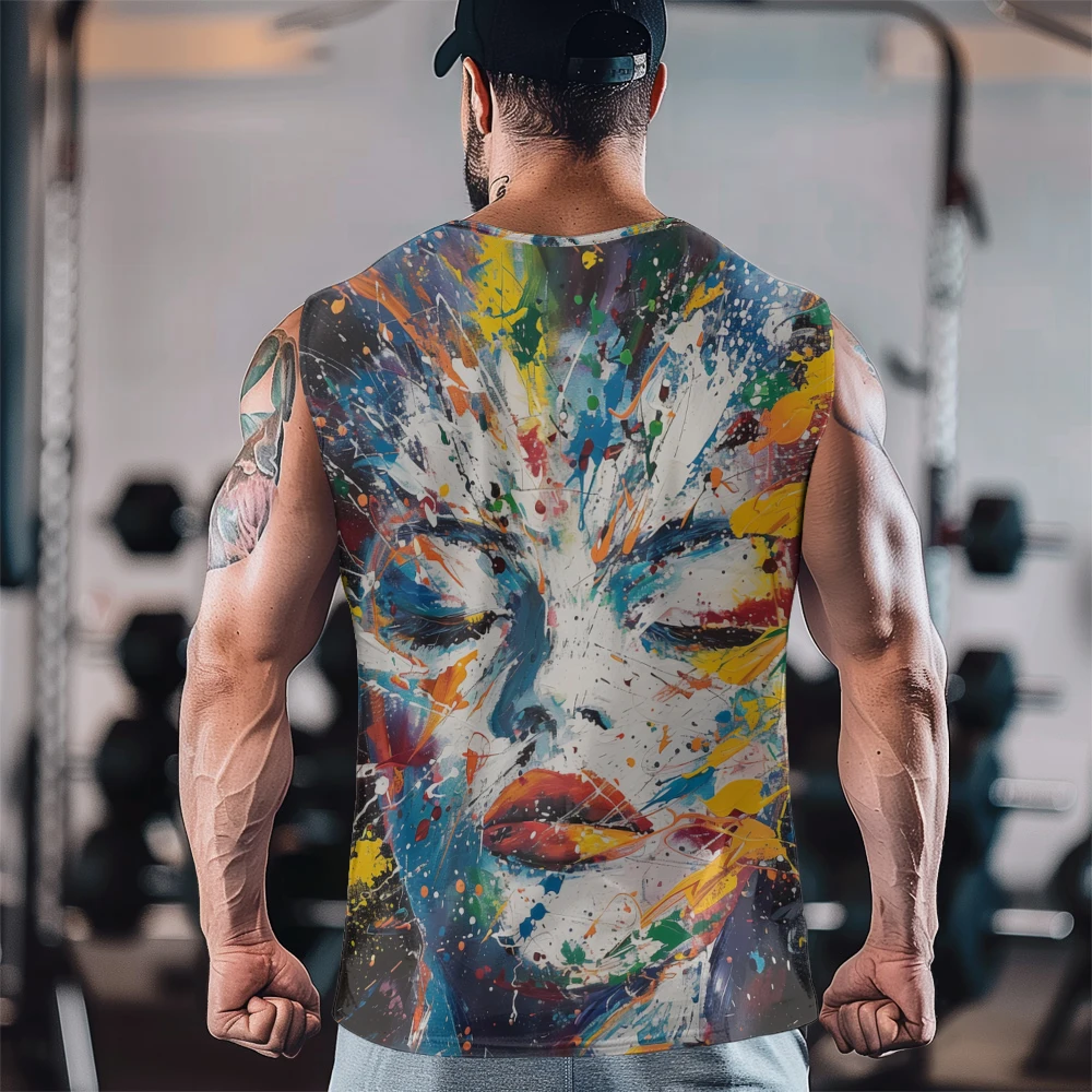 Splash Ink Art Creative Portrait Print Casual Tank Top Sleeveless Thin Vest Youth Men's Sports Fitness Vest