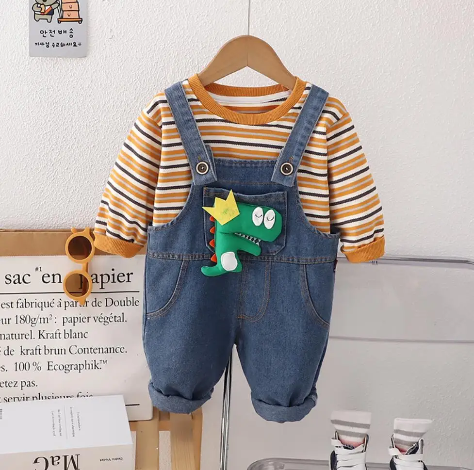 

Boutique Designer Outfits Spring Autumn Kids Clothes for Baby Striped Long Sleeves T-shirts+Denim Dinosaur Overalls Boys Sets