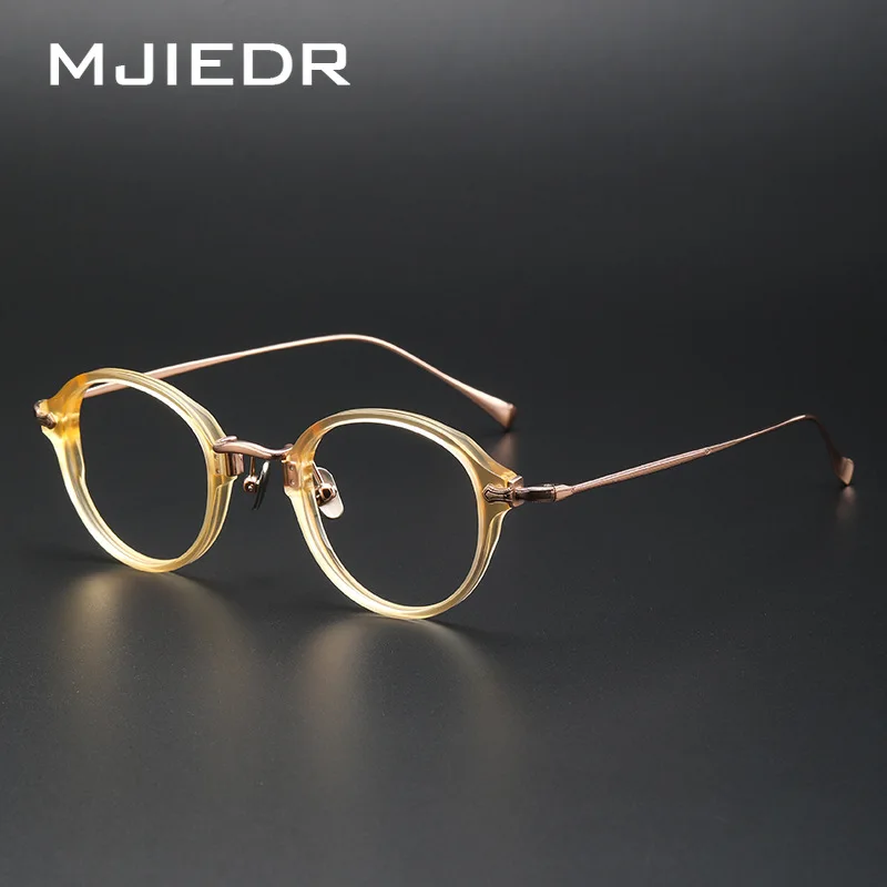 Vintage Round Acetate Glasses Frame Pure Titannium Leg Ultralight Eyeglasses can Customize Prescription Lens