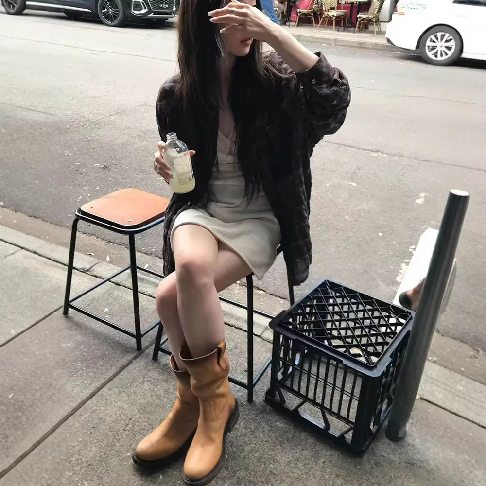 

Slimming Plaid Long Sleeve Knitted Shirt with Pleated Collar And Strap Two Piece Set Korean Style Loose Fit Cotton Blend