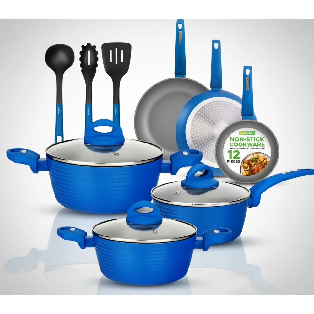 

12-Piece Nonstick Cookware Set - Blue Pots & Pans, Induction Compatible, Durable Coating for Easy Cooking