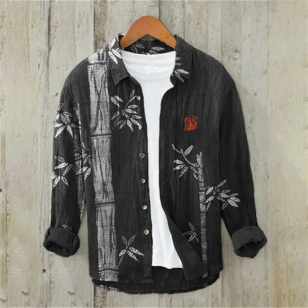 Men's Long Sleeve Shirt Linen Shirt Japanese Fashion Art Bamboo Illustration High Quality Large Size Men's Clothing