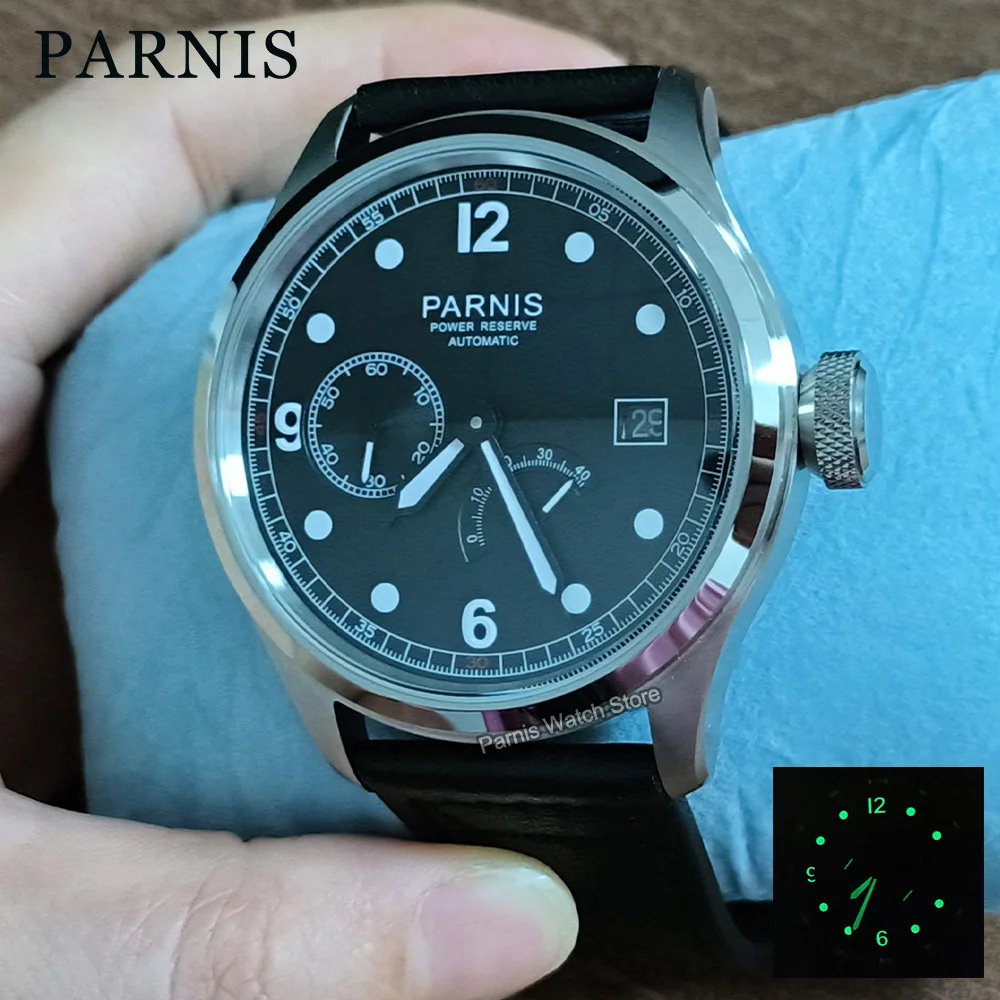 

Автоматические мужские часы Parnis с черным светящимся циферблатом 46,5 мм, серебряный корпус, календарь с запасом хода, механические мужские часы