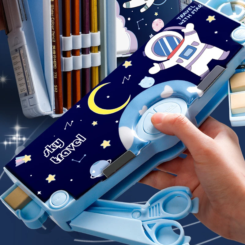 Mechanical Deformable Cute Cartoon Pencil Case With Pen Insert Multifunctional Key Switch Plastic Stationery Storage Box