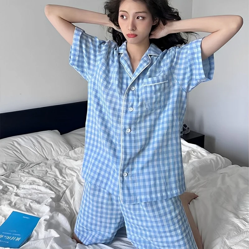 Korean Fashion Ins Sle Sweet Plaid Pajamas Women's Summer Short Sleeve Shorts Student Online Pink Cute Homewear Set