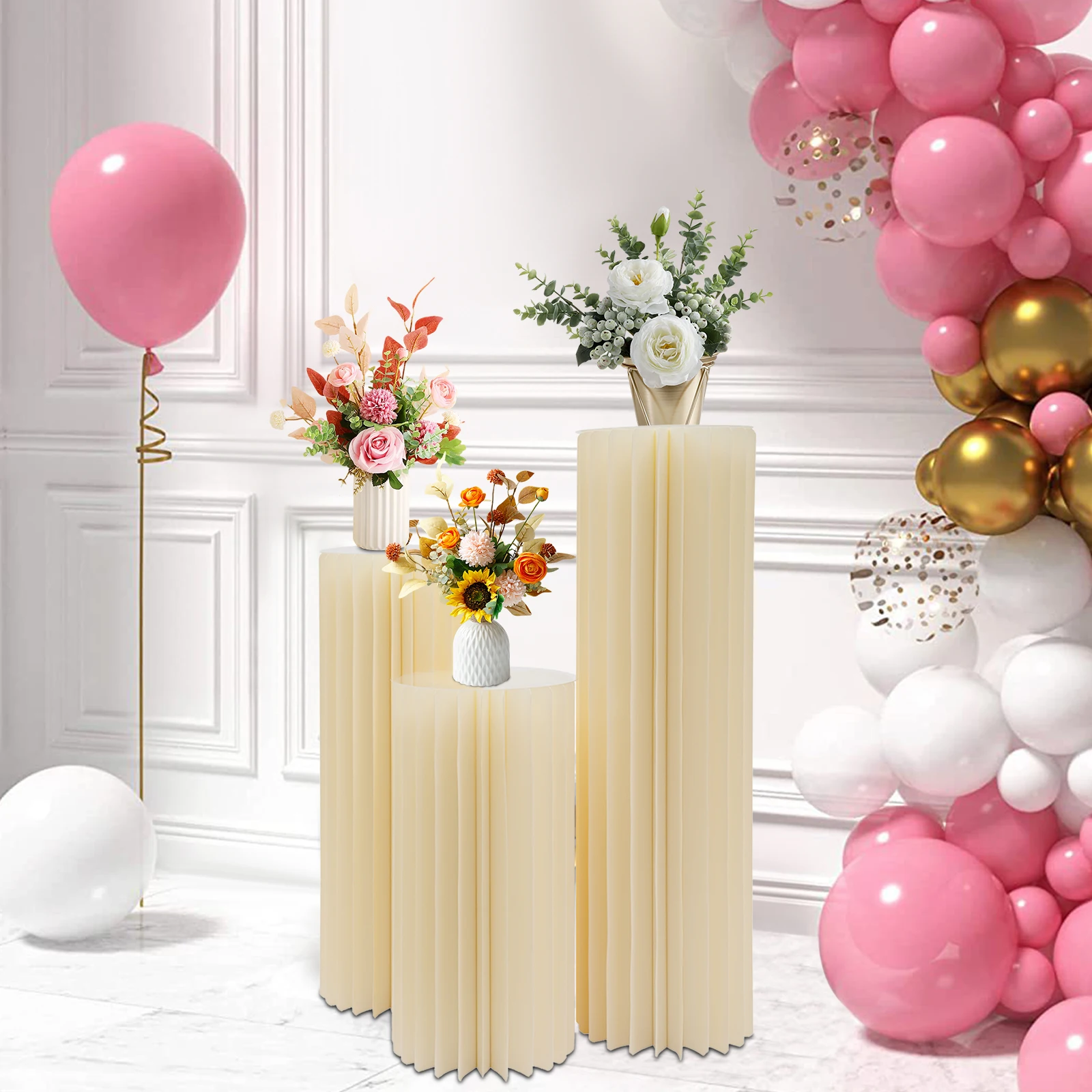 3pcs Foldable Columns Display3pcs Cylinder Flowers Stand Cardboard Centerpiece Display Decoration 60cm+80cm+100cm