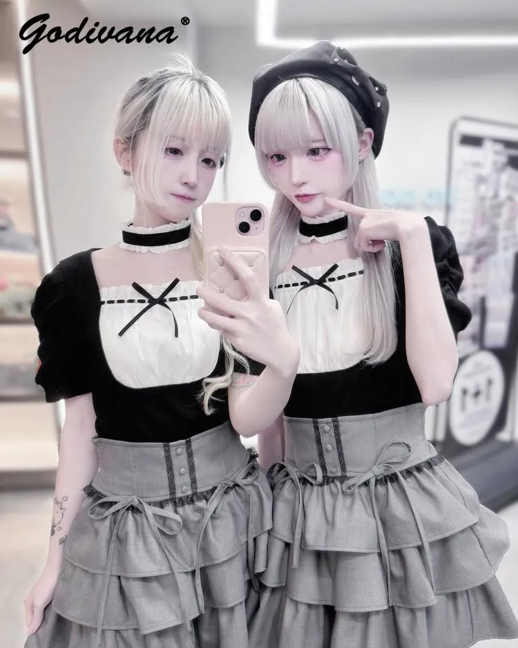 Japanese Style Sweet Chiffon Patchwork Halter Collar Bubble Sleeve Women's Top New Summer Color Block Pullover Shirts