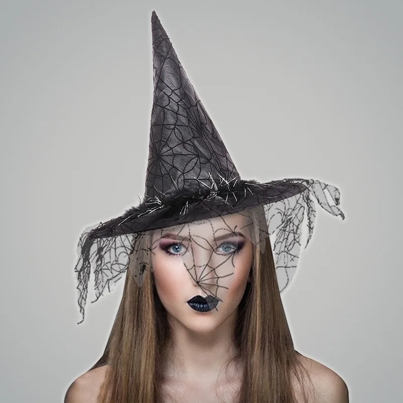 Halloween Witch Hat with Spider Web Veil Wizard Cap Cosplay Props Carnival Party Fancy Dress Decor Headdress Costume Accessories