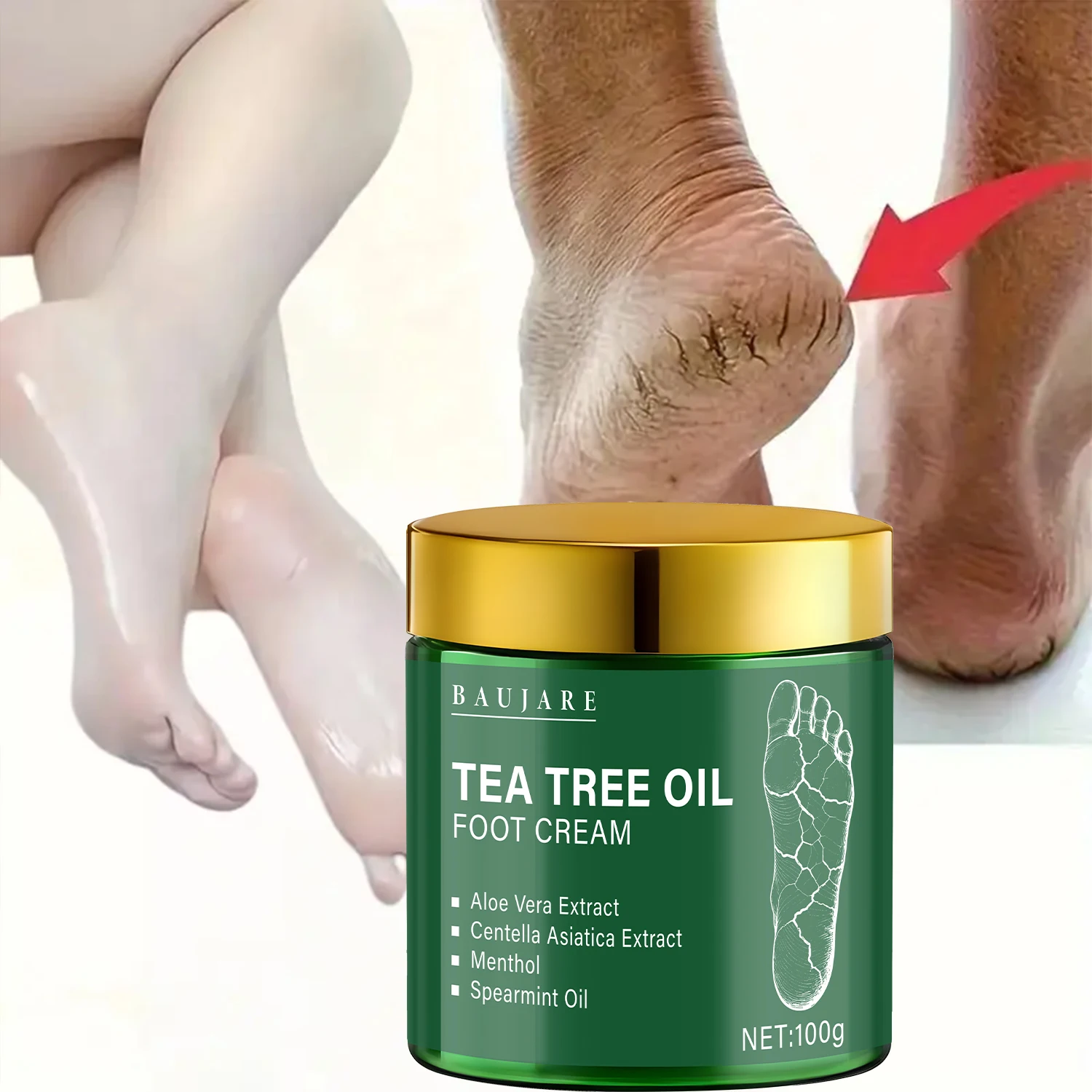 Teebaumöl-Fußcreme mit Aloe und Menthol – spendet Feuchtigkeit und macht die Haut mit Hyaluronsäure und Retinol weich