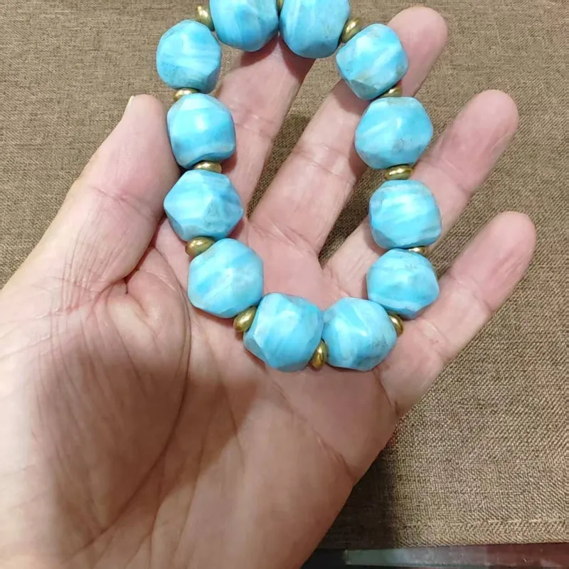 Sky‑Blue Faceted Lampwork Glass Bead Bracelet Gold Spacers Unisex Retro Bohemian Hand‑crafted Elastic Wrist Jewelry