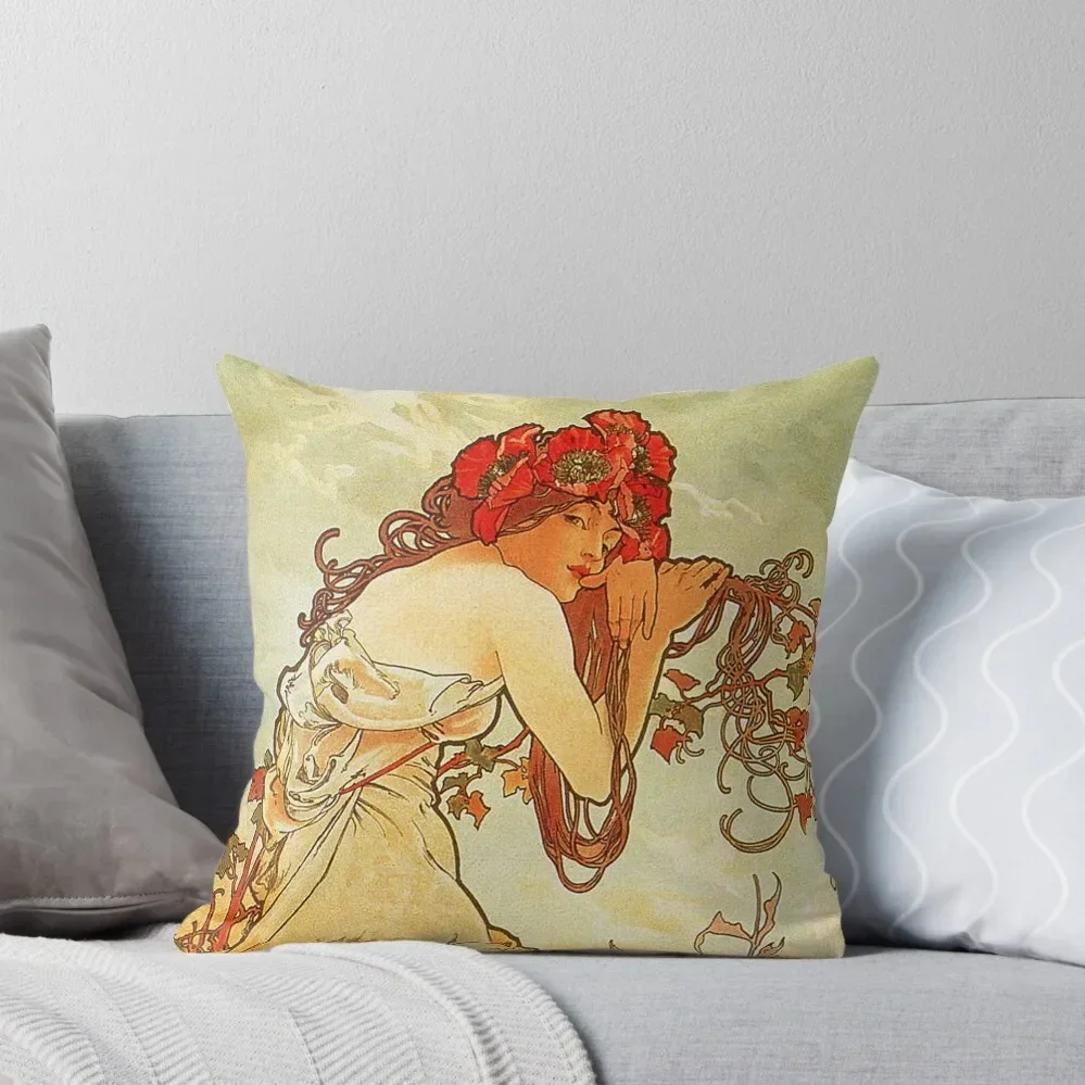

Summer by Mucha - Vintage Four Seasons Reproduction 1896 Throw Pillow Pillow Covers Decorative anime girl pillow