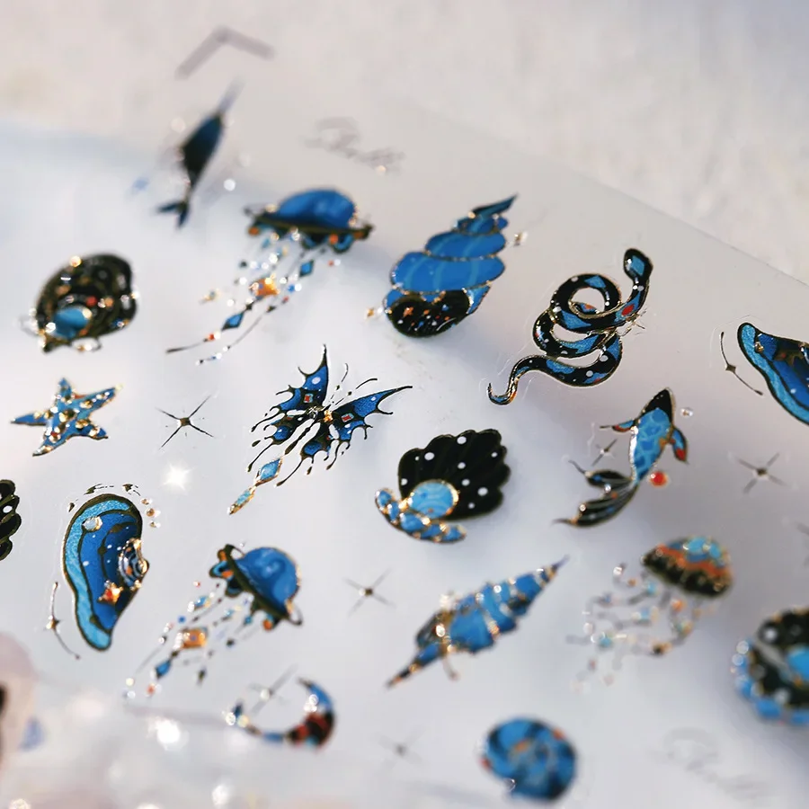 Blue Butterfly Planet Star Conch Snake Shell Clam Pearl Whale Jellyfish Moon Adhesive Nail Art Stickers Dreamy Manicure Decals