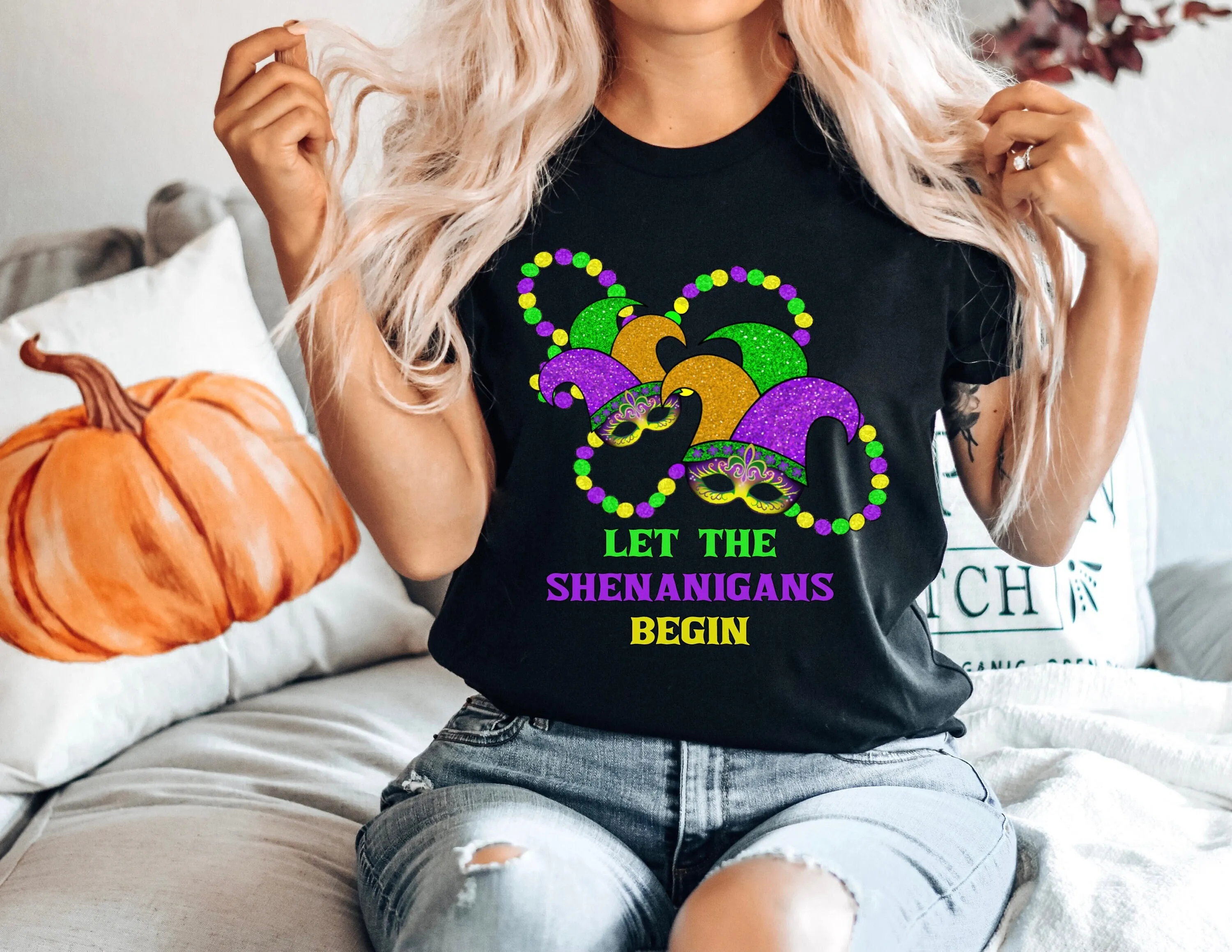 Fleur de Lis Let The Shenanigans Begin T Shirt Fat Tuesday Mardi Gras Celebration Funny Carnival Purple Green Gold