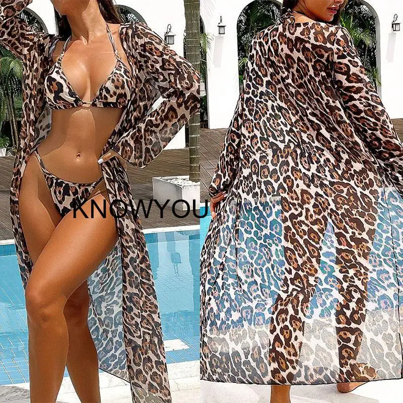 

Новинка 2026: Сексуальный пляжный комплект из 3 предметов с леопардовым принтом для женщин: бикини и сетчатый кардиган с длинными рукавами. Летняя пляжная одежда и купальники.