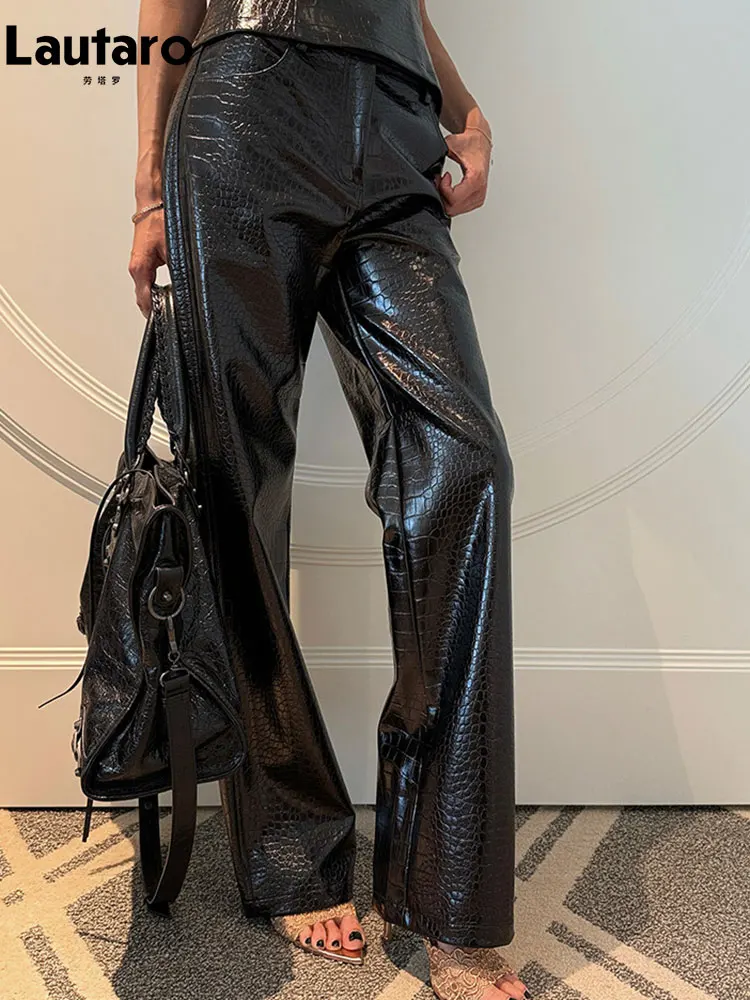 Lautaro Spring Shiny Crocodile Print Pu Leather Straight Pants Women Luxury Designer Clothes Chic High Waist New Collection 2026 6 Lautaro Spring Shiny Crocodile Print Pu Leather Straight Pants Women Luxury Designer Clothes Chic High Waist New Collection 2026 6