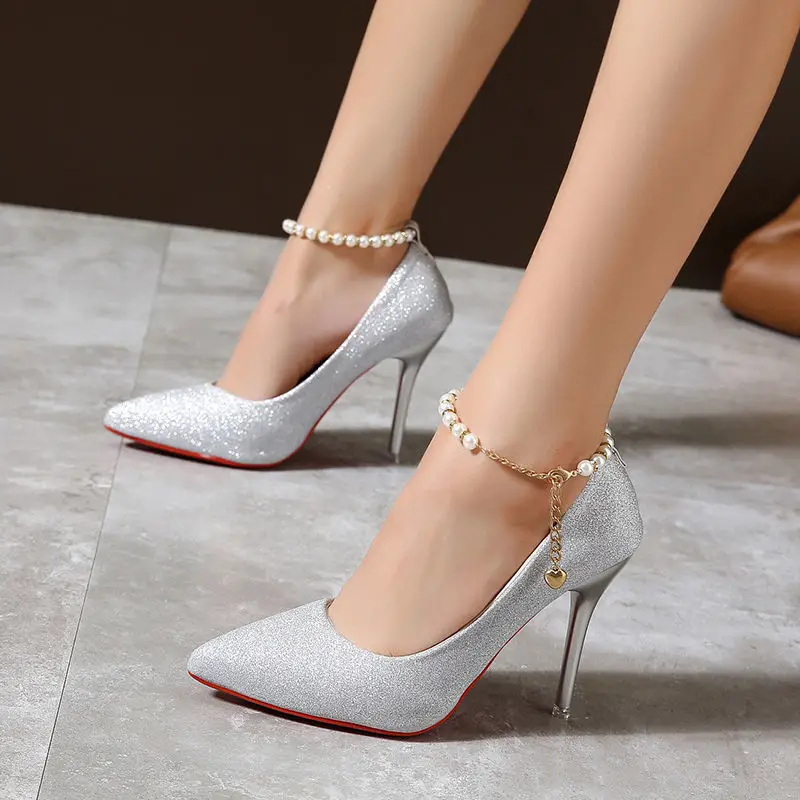 Pearl Bling String Bead Buckle Women Pumps Gold 7cm/10cm High Heels Ankle Strap Lady Party Wedding Dress Shoes Plus Big Size 45