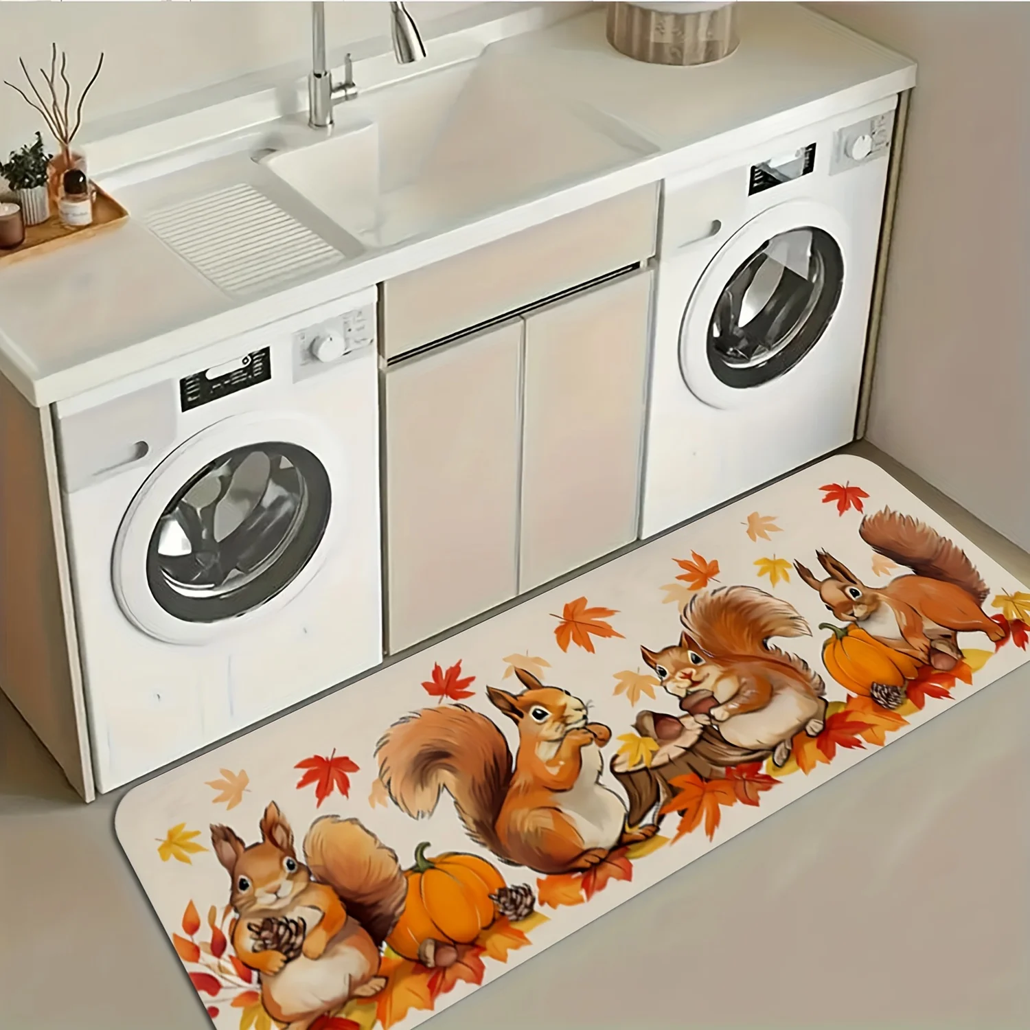 Fall Squirrel Kitchen Mat Autumn Maple Leaf Entrance Non-slip Doormat Bedroom Laundry Bathroom Floormat Thanksgiving Decorations